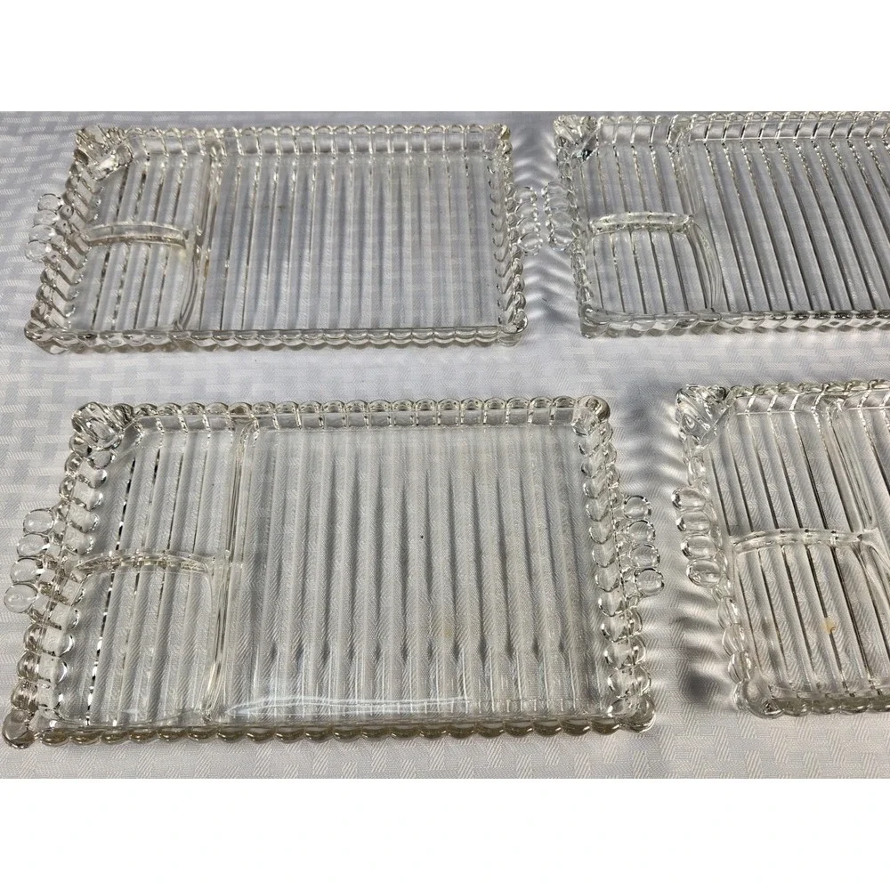 4 Hazel Atlas Crystal Snack Plates Trays Vintage Snack Drink & Ashtray Slots
